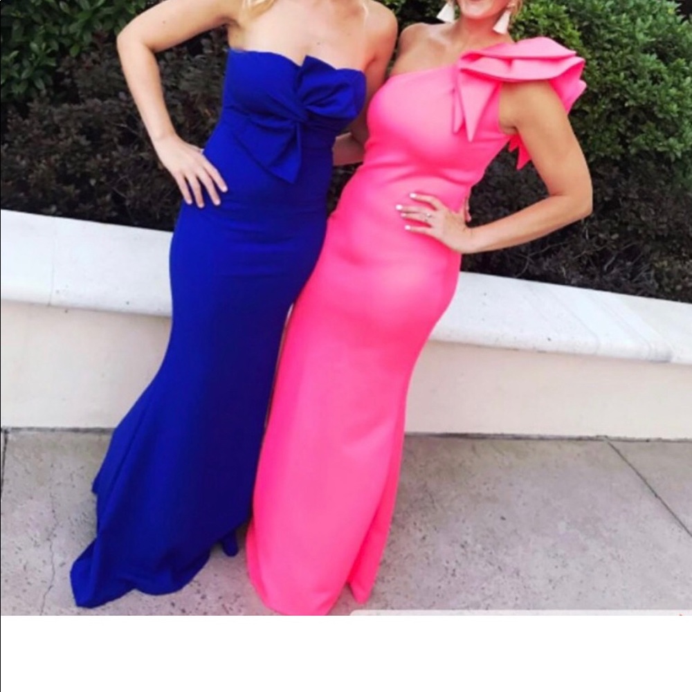 Neon pink one sleeve ruffle scuba dress!